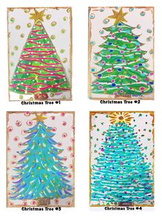 four christmas tree cards with different colors and designs