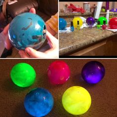 there are several different colored balls on the floor