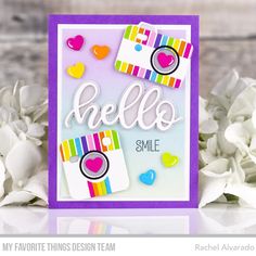 a card that says hello smile with some hearts on it and flowers in the background