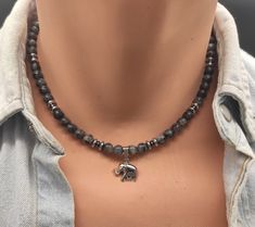 BEADED NECKLACE MENS WOMENS HERE: https://www.etsy.com/shop/SofronKutStar?section_id=30104920 https://www.etsy.com/shop/SofronKutStar?section_id=28173862 Black onyx, labradorite, white agate 6mm, silver hematite beads 6 mm, silver color stainless steel elephant. Beads are strung on stainless steel micro wire which is twisted for strength, clasp - lobster for secure clasping. If your require another size,please send us a message , we will be happy to customize it for you! SHIPPING METHOD : Purcha