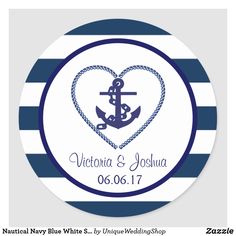 a blue and white striped wedding sticker with an anchor in the heart on it