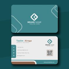 a business card with a q logo on the front and bottom, in teal green