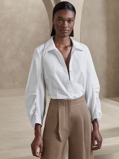 Poplin Top, Top Banana, Oversized Tunic, Tailored Shirts, White Shirts, Cotton Top, Balloon Sleeves, Cotton Tops, Cotton Poplin