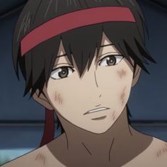 an anime character with black hair and no shirt on looking at the camera while wearing a red headband