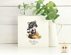 a greeting card featuring a raccoon and flowers in a white vase next to a green plant