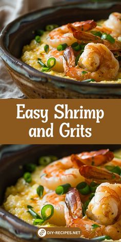 shrimp and grits in a skillet with text overlay