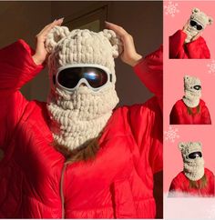 a person wearing sunglasses and a knitted bear mask with snowflakes on it