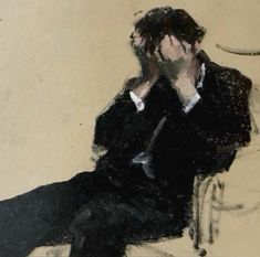 a painting of a man sitting on a chair with his hand to his face,