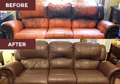 the before and after photos of a leather couch