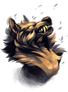 a drawing of a wolf's head with yellow eyes