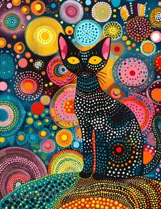 a painting of a black cat surrounded by colorful circles and dots on a blue background