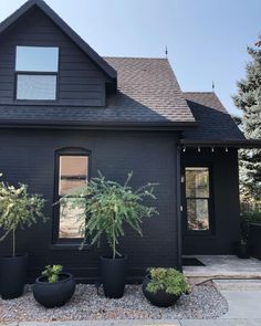 a black house with some plants in front of it