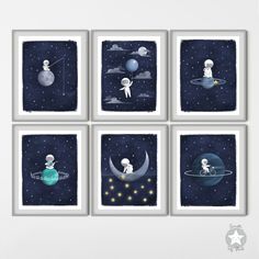 four framed pictures with space and stars on them, each featuring an astronaut in the sky