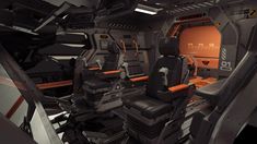 the interior of a sci - fi space station with many seats and equipment in it