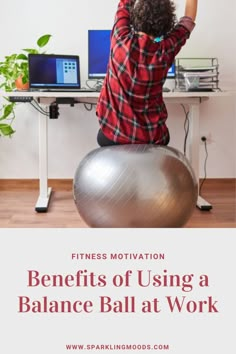 a woman sitting on an exercise ball with her arms in the air and text that reads,