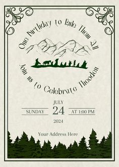 a flyer for an outdoor event with mountains in the background and trees on the side