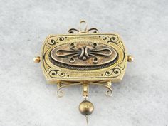 Absolutely stunning workmanship makes this Victorian era brooch all the more beautiful. The classical motif of the top is decorated with black enamel and wonderful texturing, and the textured bead dangle hangs perfectly. Ornate, gothic, and still sophisticated, this unique brooch would be a great piece to wear on just about any occasion! Love this piece but want to make it more versatile, we here at Market Square Jewelers along with our master metalsmiths can convert this fantastic brooch into a Ornate Engraved Brooch, Victorian Brooches With Locket Pendant, Victorian Locket Pendant Brooches, Ornate Locket Brooch For Formal Occasions, Gold Coin Jewelry, Victorian Brooch, Unique Brooch, Market Square, Gold Brooch