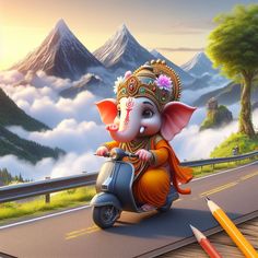 an elephant riding on the back of a scooter down a road with mountains in the background