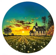 a painting of a church in the middle of a field with flowers on it at sunset