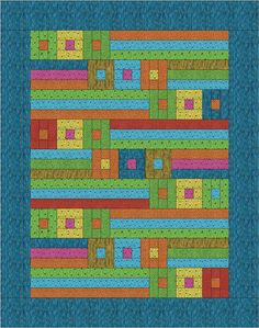 a blue quilt with multicolored squares on it