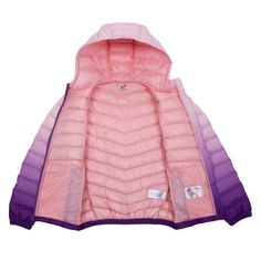 Keep her warm and comfortable with our Rokka&Rolla Girls' Ultra-Light Real Down Packable Jacket. With 650 fill power, this soft jacket provides superior insulation without the bulk. It features elastic cuffs, a half elastic waistband, and multiple pockets, including inside pockets, for convenience. Easily packable, it's perfect for on-the-go adventures. A name label inside ensures it never gets lost. This jacket combines practicality and warmth in a lightweight design. Pink Nylon Hooded Jacket For Winter, Pink Nylon Hooded Jacket With Long Sleeves, Pink Long Sleeve Nylon Hooded Jacket, Purple Hooded Puffer Jacket For Winter, Hooded Purple Puffer Jacket For Winter, Pink Hooded Puffer Jacket For Outdoor Activities, Pink Hooded Winter Jacket For Outdoor Activities, Purple Long Sleeve Outerwear For Outdoor, Pink Winter Puffer Jacket For Outdoor Activities