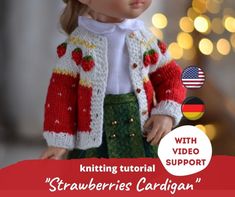 the doll is wearing a knitted cardigan and green skirt with white collared shirt