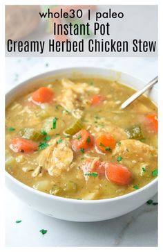 a bowl of chicken stew with carrots, celery and parsley on the side