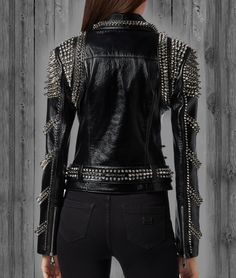 ♚New Women's Handmade Leather |Hell Raiser leather |Metal spiked Jacket | Black Color Women's designer jacket |Long Spiked Studded Jacket|♚  Condition: Brand New With Tags   Material:Original Leather   Color:Black   Jacket Size: Kindly See Size Chart   Inside: Soft Smooth Lining   Style: Rock Long Silver Spike Studded   Closing: YKK Zipper   Inner: Silk Mix Fabric   Fastening/Closure: YKK Zipper   Important Note   Any custom change you want is possible. Please send us message for further details Spiked Jacket, Hell Raiser, Black Leather Motorcycle Jacket, Designer Jacket, Studded Jacket, Style Rock, Belted Jacket, Jacket Long, Lady Biker