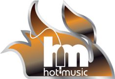 the hot music logo is shown in silver and orange colors, with flames coming out of it