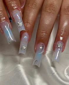 Transparent Acrylic Nails, Nail Ideas Y2k Long, Hello Nails, Simple Acrylic Nails, Tip Nails, Gem Nails