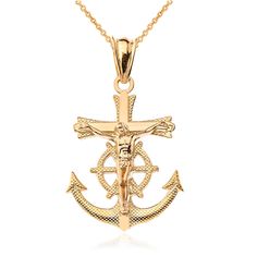 Gold Mariner Anchor Crucifix Cross Religious Pendant Necklace. Available as pendant or necklace. Chain length available: 16", 18", 20", 22". Metal Purity: 10K and 14K Metal color available: yellow gold, white gold and rose gold. Pendant Weight: ≈1.2 grams (10k) / ≈1.3 grams (14k) Pendant Width: 0.63 inches. Pendant Height (w/bail): 1.1 inches. Chain weight: 1 gram. Bail opening: 3 mm. Finish: Polished Made in Los Angeles, USA. 14k White Gold Crucifix Necklace, 14k Gold Crucifix Necklace With Diamond Cut, 14k Gold Diamond Cut Crucifix Necklace, Los Angeles Usa, Gold Cross, Cross Pendant Necklace, Chain Ring, White Rose Gold, Necklace Chain