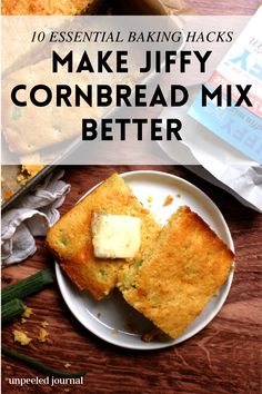 a white plate topped with cornbread next to a box of baking hacks on top of a wooden table