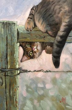 a painting of a cat climbing over a fence