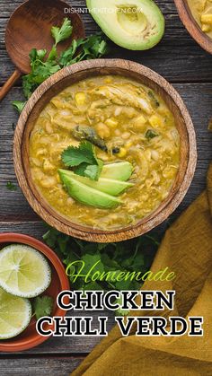 a bowl of chicken chili with avocado and cilantro on the side