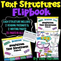 the text structure flipbook includes two reading passagess, 2 writing pages and 25 pages in all