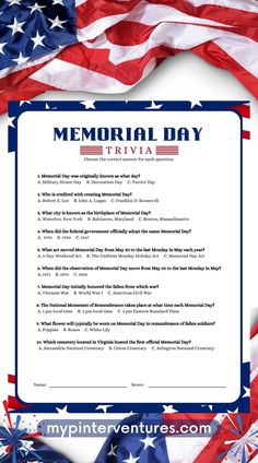 the memorial day trivia with an american flag background