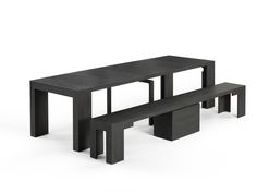 a black table and two benches on a white background