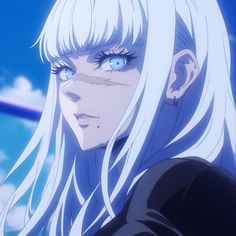 an anime character with long white hair and blue eyes looks at the camera while standing in front of clouds