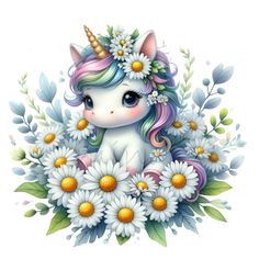 a unicorn sitting on top of flowers and daisies