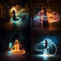 four different images of light painting in various stages of motion, with one woman holding her arms out and the other spinning around