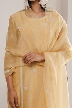 Shop for House of Pink Yellow Chanderi Kurta Set for Women Online at Aza Fashions Pink Kurta Set Women, Tassel Dupatta, Kurta Set For Women, Pearl Embroidery, Yellow Silk, Organza Dupatta, Embroidered Neckline, Kurta Set, Straight Pants