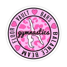 a pink sticker with the words,'vault bars gymnastics ball'on it