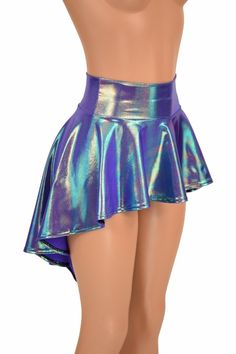 "This item is made to order, please read all the way through the listing before purchasing! This metallic \"Moonstone\" skirt is made of four way stretch spandex. Flirty and twirly, with lots flouncy bouncy movement! Skirt measures 10\" in front and 22\" in back. Womens Sizing (See below for instructions on where measurements should be taken) XXS: Bust 29\"-30\" / Waist 22\"-23\" / Hips 30\"-32\" Extra Small: Bust 31\"-32\" / Waist 24\"-25\" / Hips 33\"-35\" Small: Bust 33\"-34\" / Waist 26\"-28 Metallic Stretch Skirt For Night Out, Shiny Stretch Mini Skirt, Shiny Stretch Mini Skirt Bottoms, Summer Party Skirt In Iridescent Color, Metallic Stretch Skirt For Summer, Summer Metallic Stretch Skirt, Shiny Fitted Mini Skirt, Fitted Shiny Mini Skirt, Metallic Stretch Skirt For Party