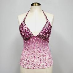 Lucky Brand Womens Tankini Swim Top Floral Pink Separates Swimsuit New With Tags Size Small Purple Halter Neck Swimwear For Spring, Elegant Purple Swimwear For Summer, Fitted Purple Swimwear For Beach Season, Fitted Purple Floral Print Top, Elegant Purple Party Swimwear, Purple Tankini For Spring Swimming, Spring Purple Tankini For Swimming, Purple Sleeveless Party Swimwear, Purple Sleeveless Tankini For Beachwear