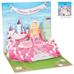 a pop up card with a princess sitting on top of a pink dress in front of a castle