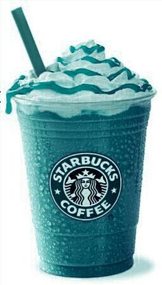 the starbucks coffee drink is blue and has green swirls on it, with a straw in its cup