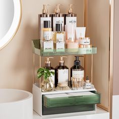 a bathroom shelf with soaps, lotions and other personal care products on it