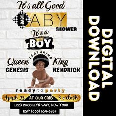 It's all Good Baby Baby SHOWER Invitation features adorable shy Afro African American baby boy on front like Notorious BIG's Iconic album artwork. Modern white brick background. Black, white and gold colors. Gold Crown and Checkerboard pattern accents. It was all a dream but now a little hip hop prince is on the way!  Digital File Only =  5x7 JPG and 5x7 PDF = 1500 X 2100 pixels JPG & PDF files measuring 5x7 inches. *These are digital files that you can print yourself using local printing servic All Good, Baby Boy Invitations, Shower Black, Brick Background, Urban Hip Hop, Artwork Modern, Digital Banner, American Baby, Black Invitation