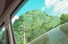 an anime scene is seen through the window of a vehicle with power lines in the background