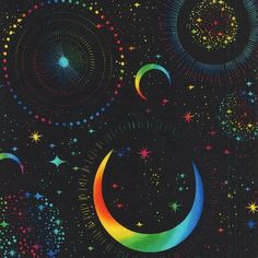 an artistic painting with stars and crescents in the night sky, on a black background